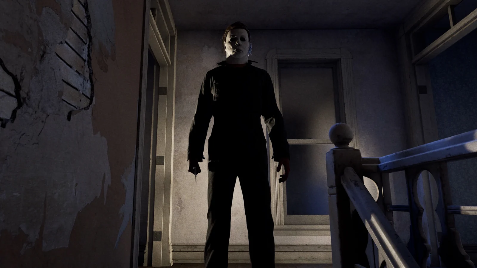 Michael Myers standing at the top of a staircase in official Halloween: The Game artwork