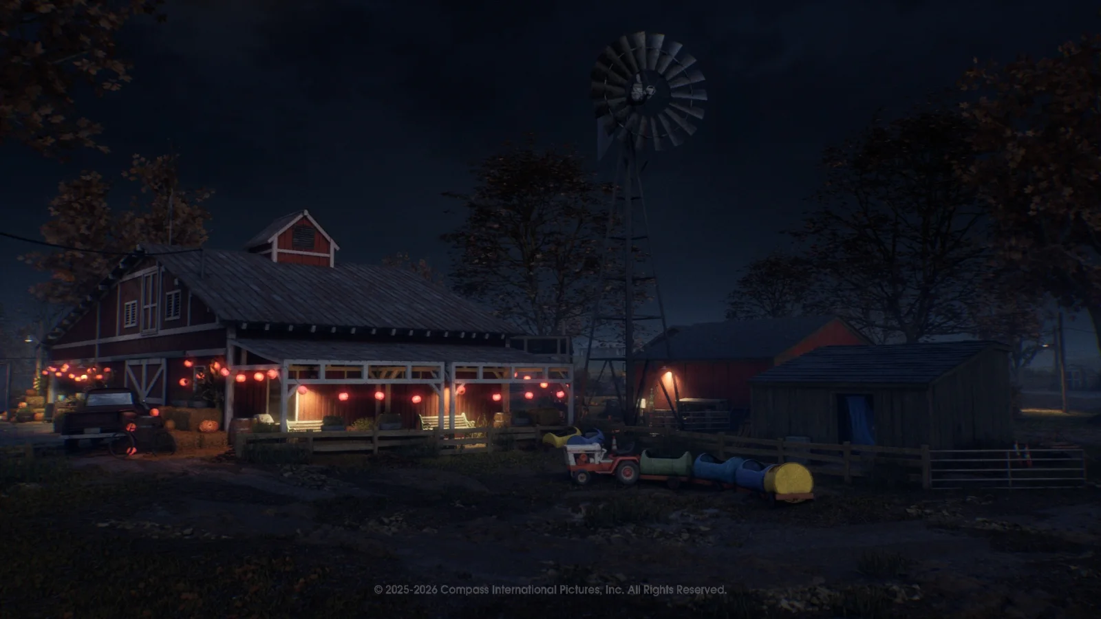 Official Tower Farm map screenshot showing a farmhouse, barns and a windmill at night