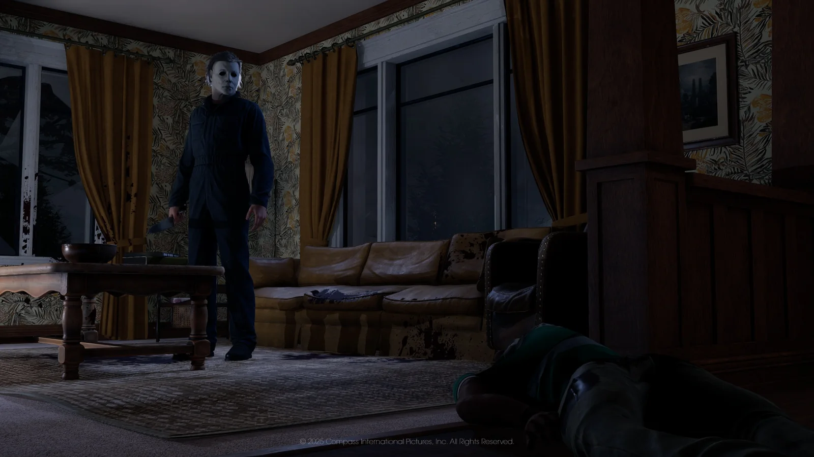 Michael Myers approaching a downed Civilian in a living room