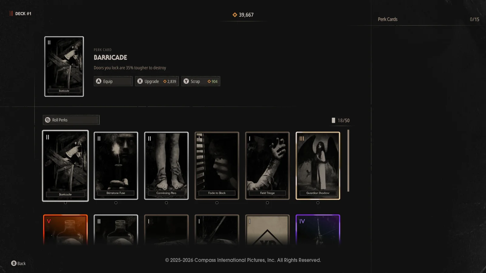 Perk Deck card selection interface showing available cards